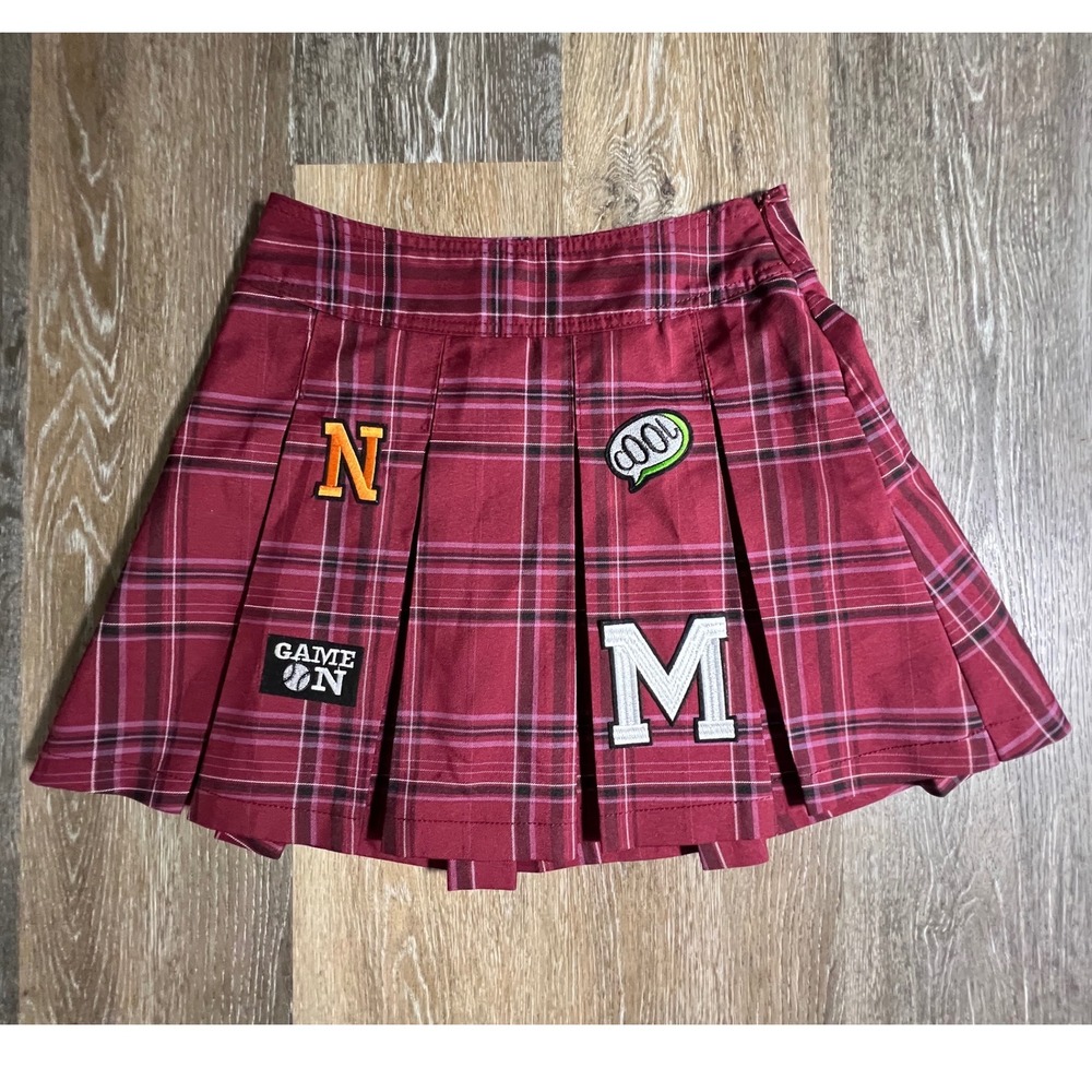 No Boundaries Pleated Mini Skirt Womens XS Burgundy Plaid Varsity Patch Preppy